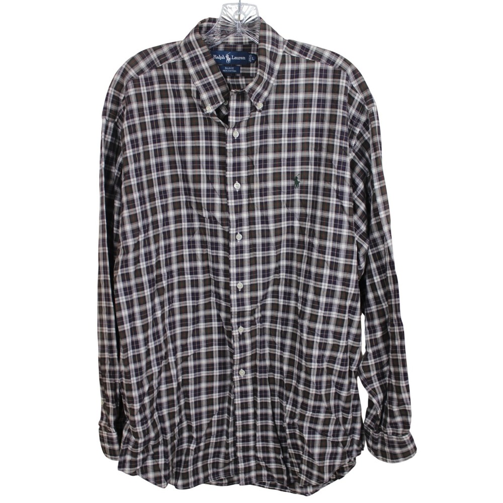 Ralph Lauren Blake Mens Large L Plaid Button Navy Green Cotton Long Slv